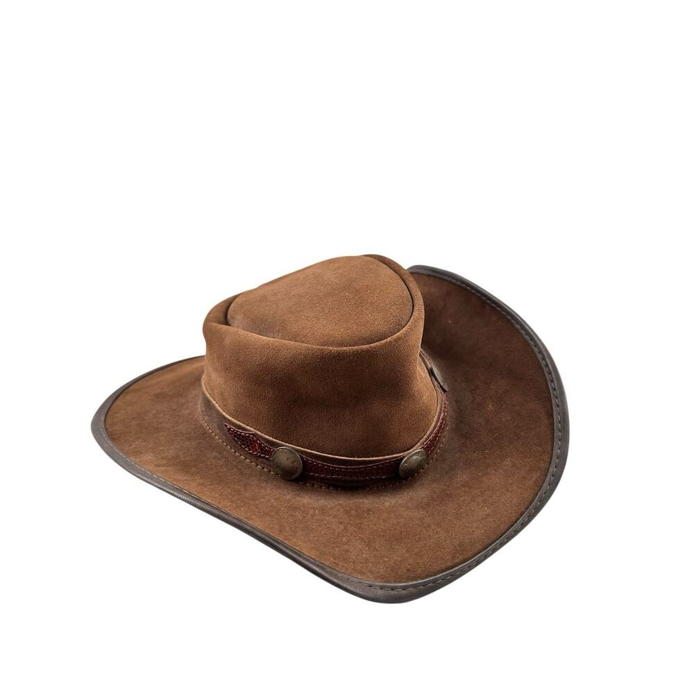Plainsman Genuine Suede Leather Hat Brown Indian Nickels Western Cowboy USA Sz L